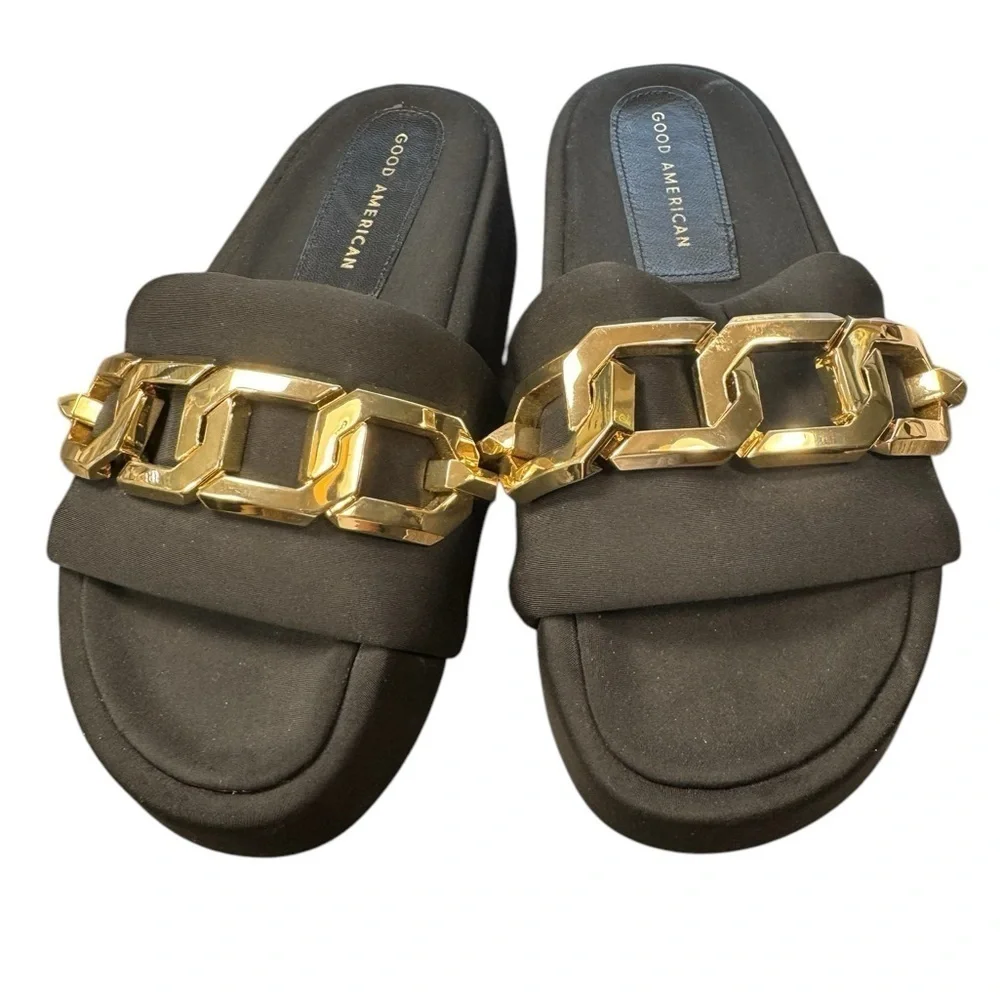 Good American Black Platform Slides with Gold Chain – Size 5